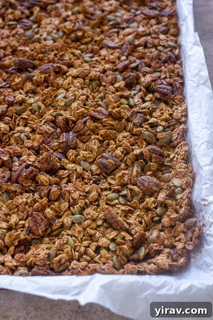 Baked pumpkin protein granola in baking sheet.