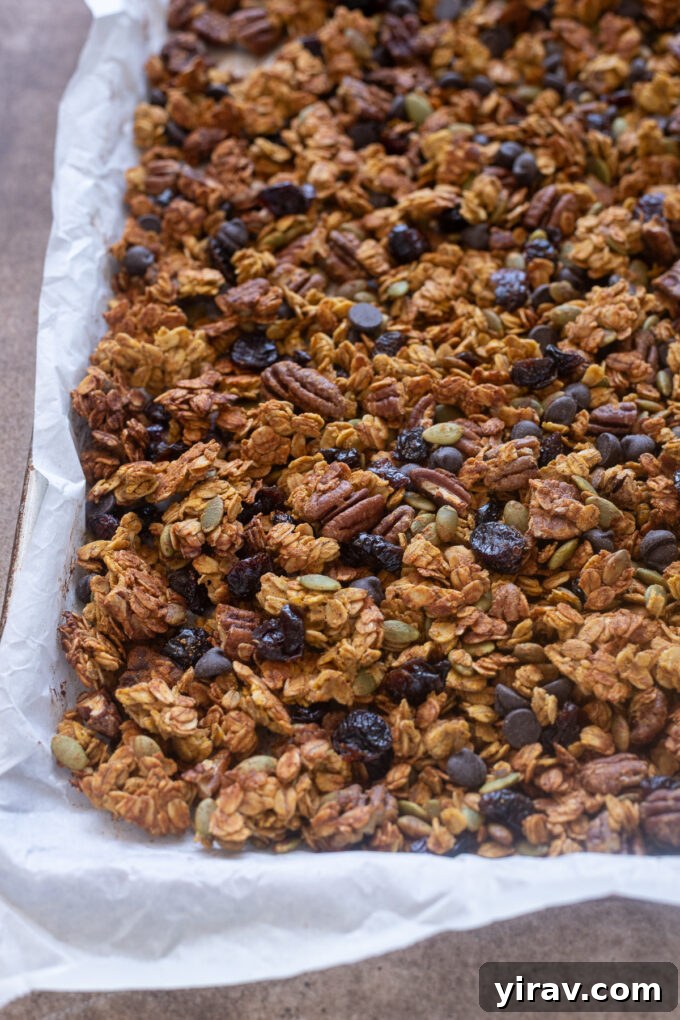 Pumpkin granola with pumpkin seeds on a sheet pan.