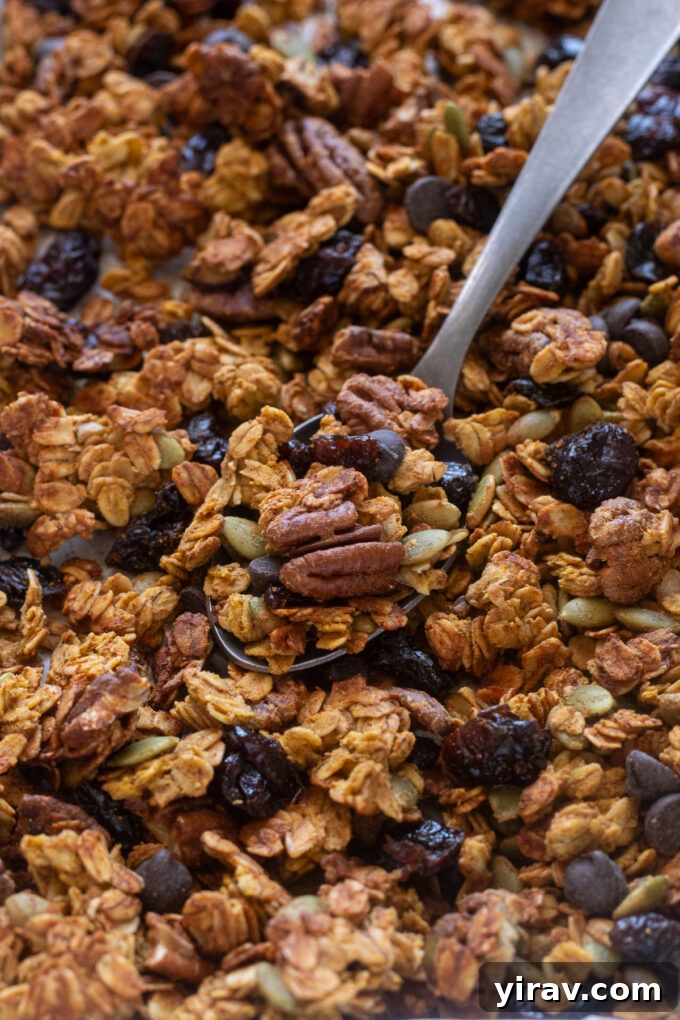 Pumpkin spice protein granola broken into chunks on a baking sheet.