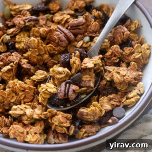 Spoonful of pumpkin spice protein granola in a bowl.