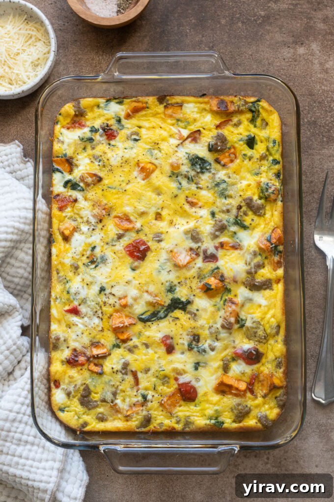 Sausage breakfast casserole in baking dish.