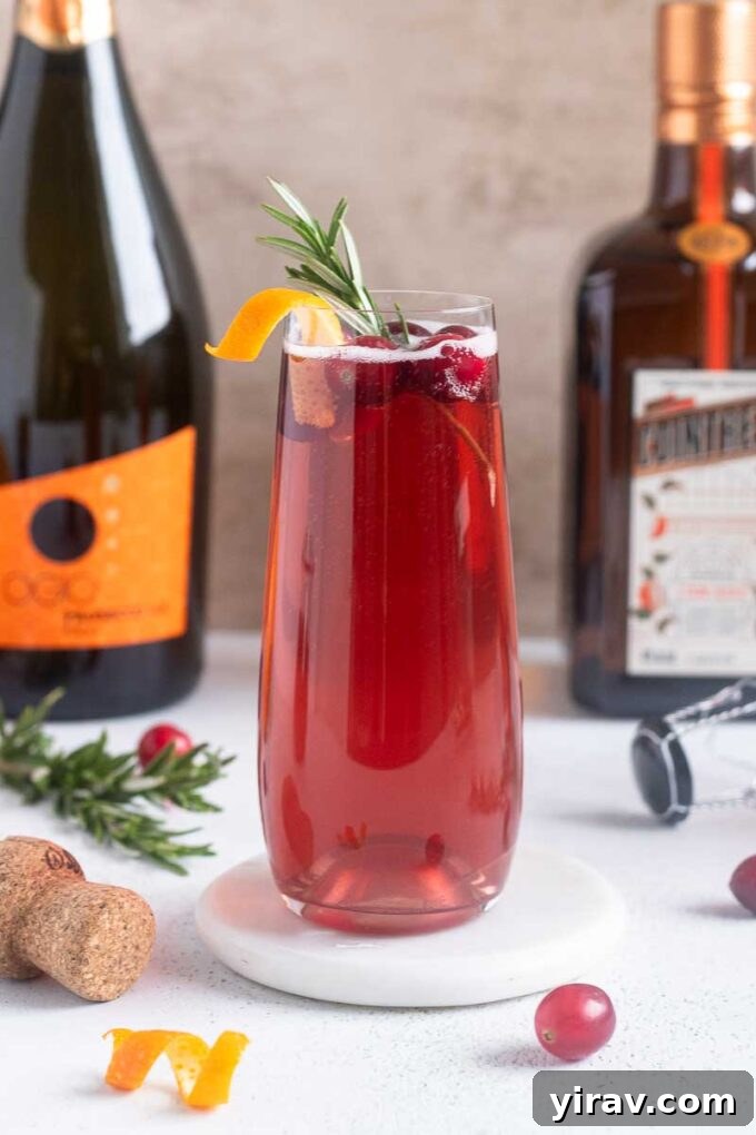 Christmas champagne cocktail with orange twist garnish.