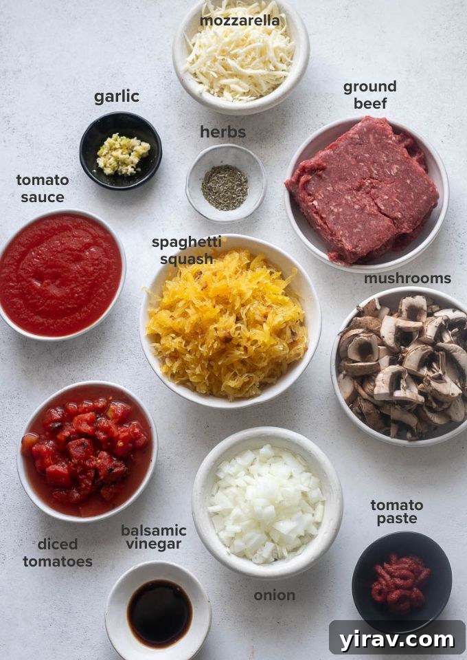 Spaghetti squash casserole recipe ingredients, neatly arranged on a counter.