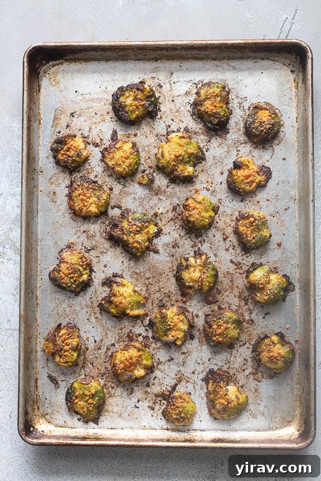 Crispy smashed brussels sprouts on baking sheet.