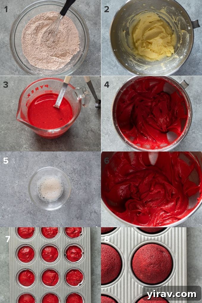 A visual step-by-step guide on how to make red velvet cupcakes, showing a bowl of vibrant red batter ready for baking.
