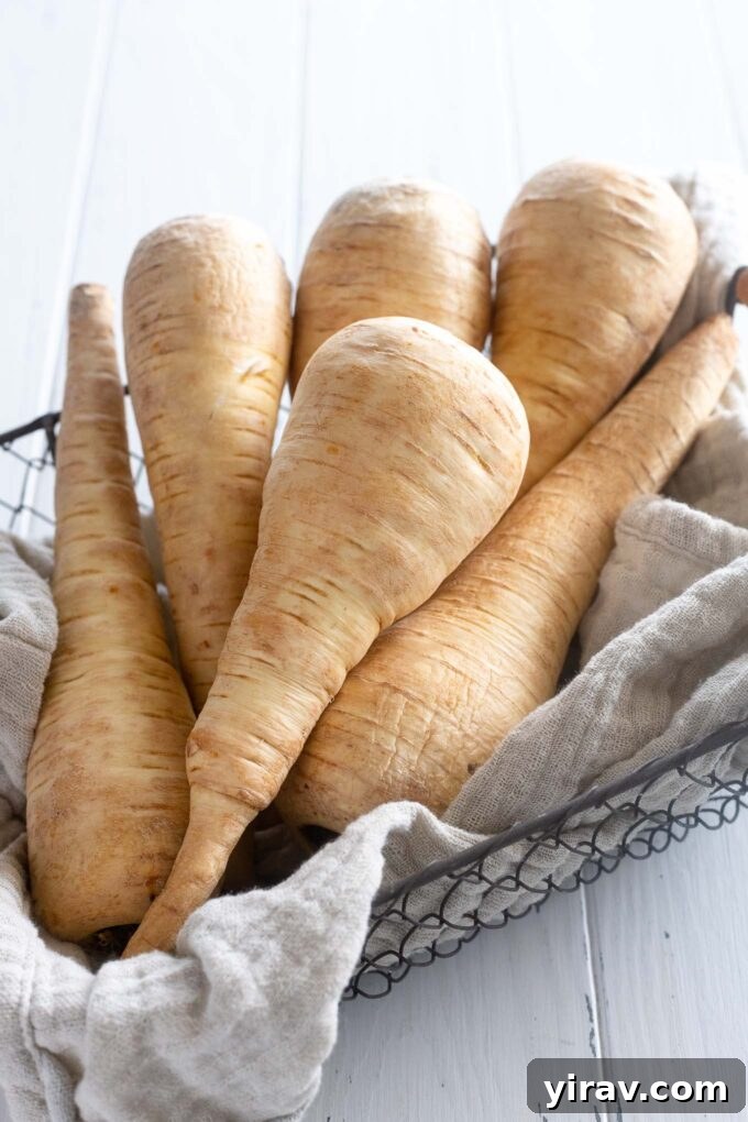 Fresh parsnips in a rustic woven basket, illustrating a classic winter root vegetable.