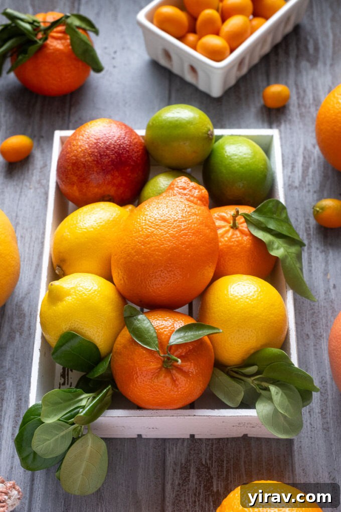 Close-up of citrus fruits in a white crate including grapefruit, blood orange, lemon and lime.