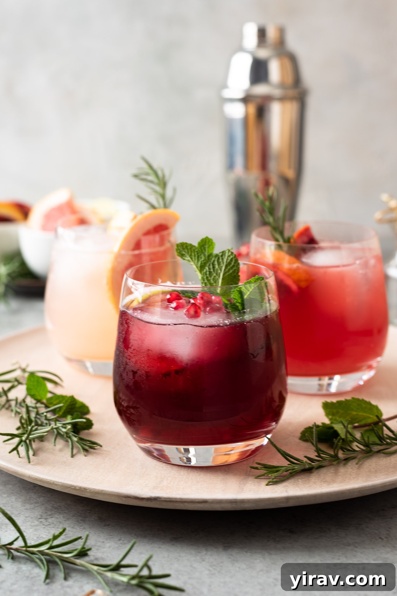 Vodka Spritzers on a server with herbs and cocktail shaker