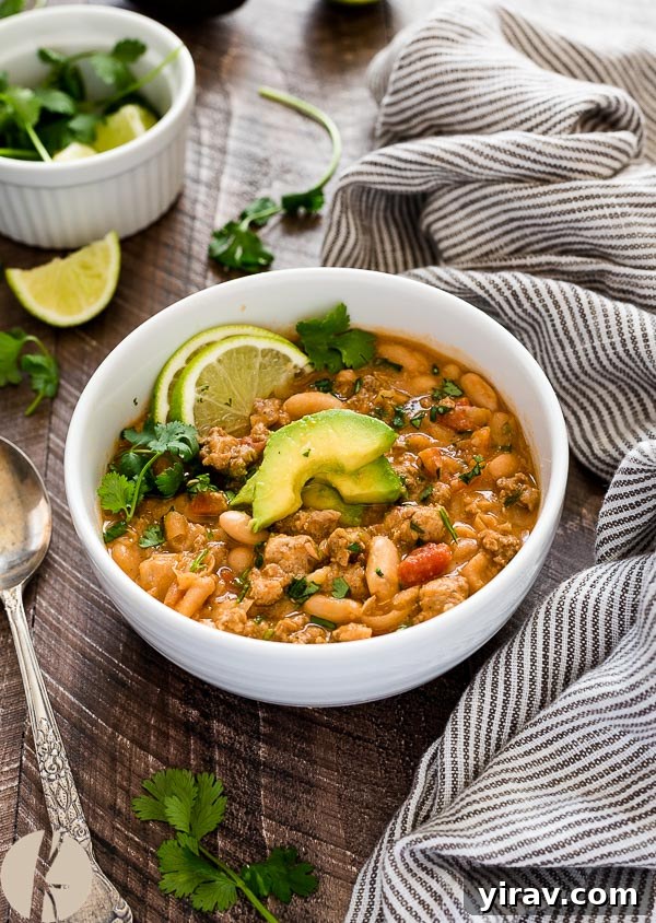 front view of white bean turkey chili in bowl