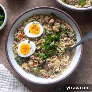 Ground pork ramen with bok choy, shiitake mushrooms, and topped with soft boiled eggs.