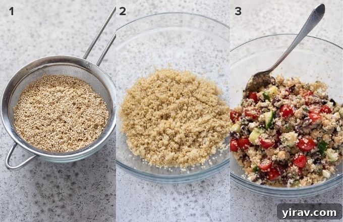 A collage of three images showing the process of making Greek quinoa salad: rinsing quinoa, cooked quinoa in a bowl, and the assembled salad with a spoon.