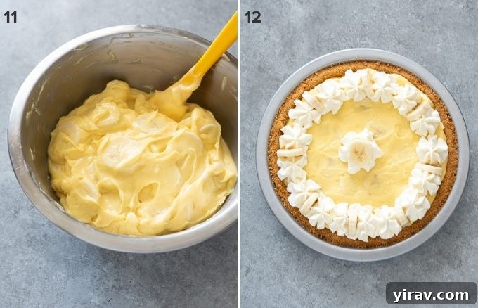 Add bananas to pastry cream and decorated banana cream pie collage