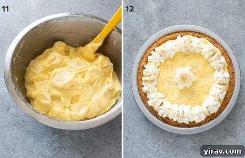 Add bananas to pastry cream and decorated banana cream pie collage