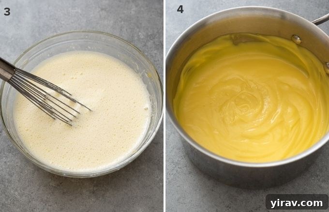 Hot milk added to egg yolk mixture and finished pastry cream in pot