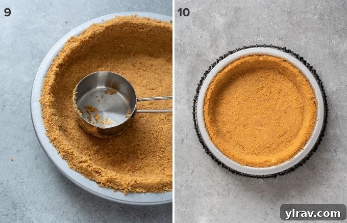 Pressing graham cracker crust into pan and baked crust collage