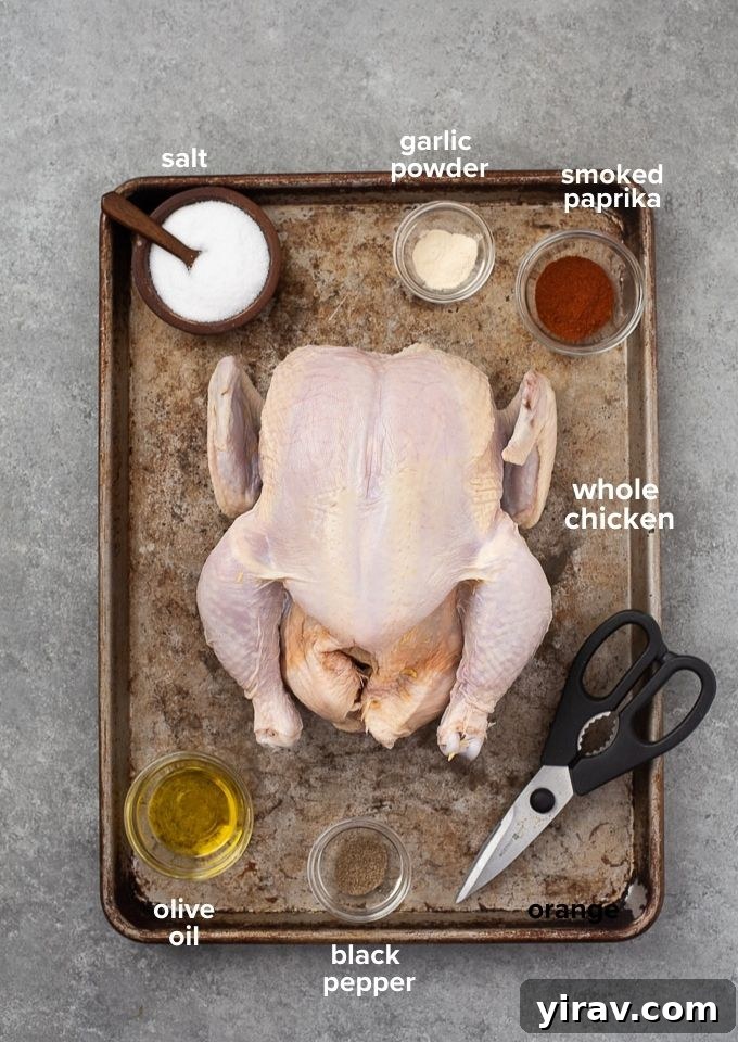 Ingredients and tools needed to spatchcock a chicken