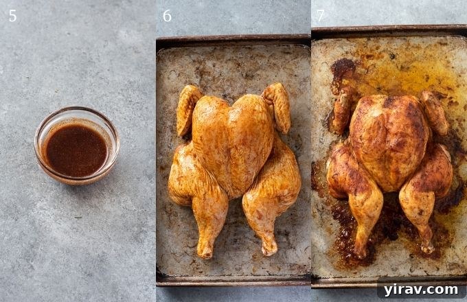 Collage showing the steps to season and prepare spatchcock chicken for roasting