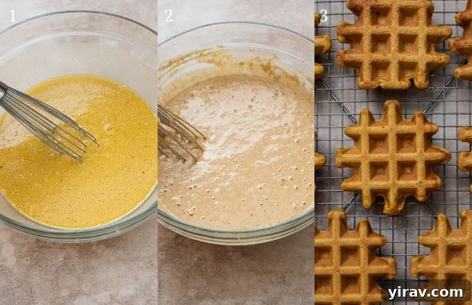 Wholesome Sweet Potato Waffles 5 Collage showing steps to make sweet potato waffles: mixing wet ingredients, adding dry, and cooking on a waffle iron