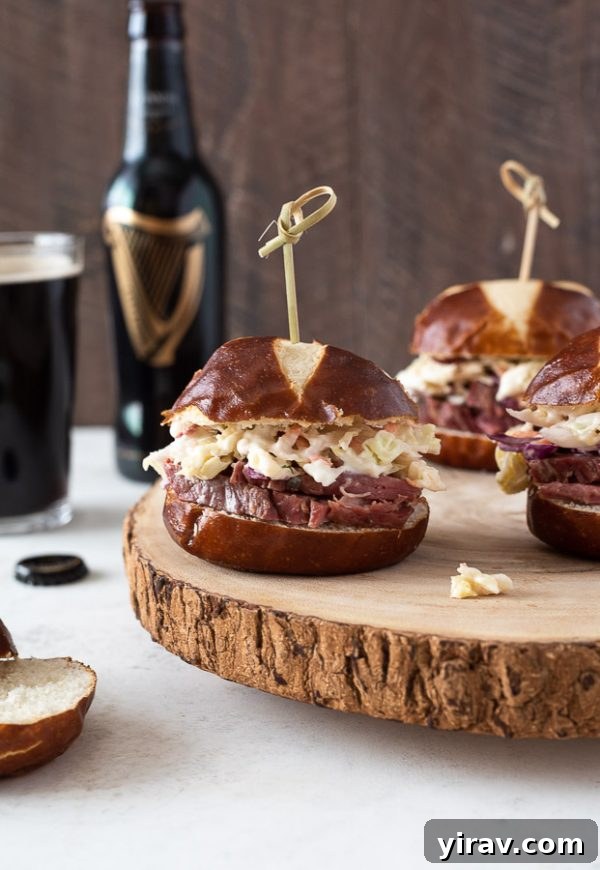 Deli-Style Corned Beef Bites 5 close up of guinness corned beef sliders with wooden pick