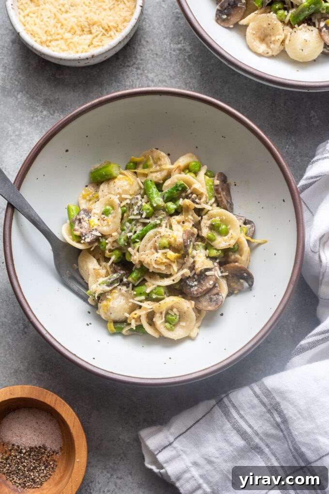 Effortless Spring Garden Pasta 10 One Pot spring pasta primavera in a bowl with parmesan cheese on top.