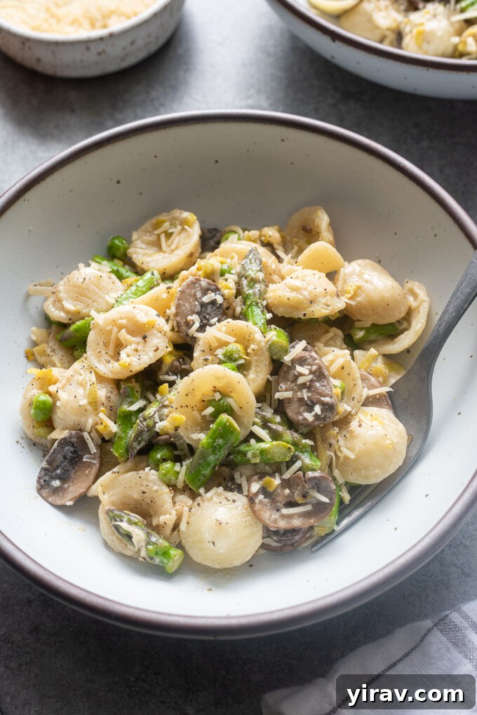 Effortless Spring Garden Pasta 3 One pot spring vegetable pasta in a bowl topped with parmesan.