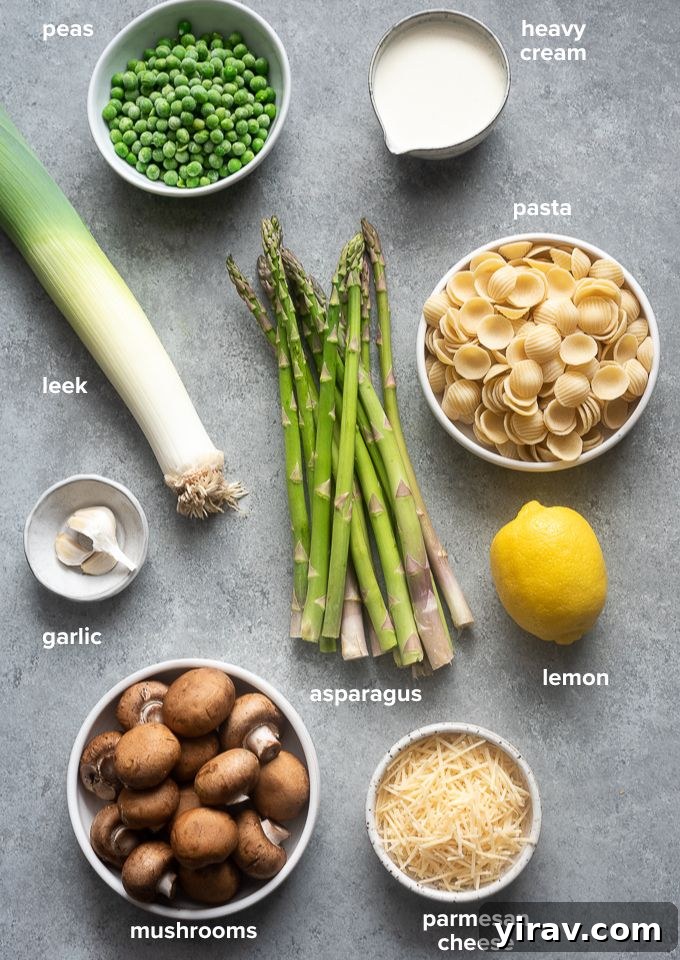 Effortless Spring Garden Pasta 4 Spring vegetable pasta recipe ingredients.