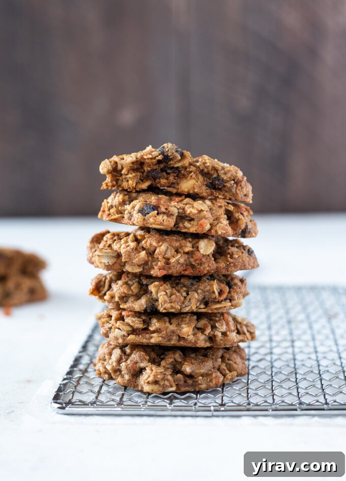 Golden Spiced Carrot Oat Cookies 2 Stack of wholesome carrot oatmeal cookies on a wire rack, showcasing their texture and natural ingredients.