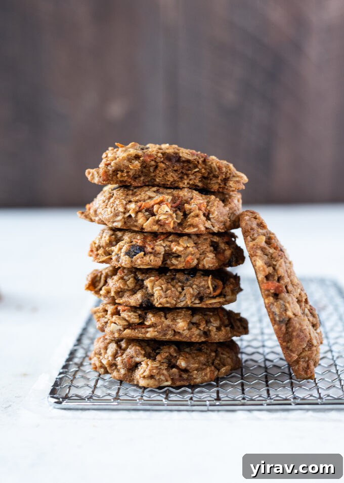 Golden Spiced Carrot Oat Cookies 9 Close-up of a stack of carrot oatmeal cookies, with one cookie showing a bite taken out of it, revealing its moist, chewy interior.