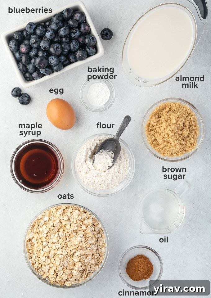 Make-Ahead Blueberry Baked Oats 2 Blueberry baked oatmeal ingredients laid out on a kitchen counter