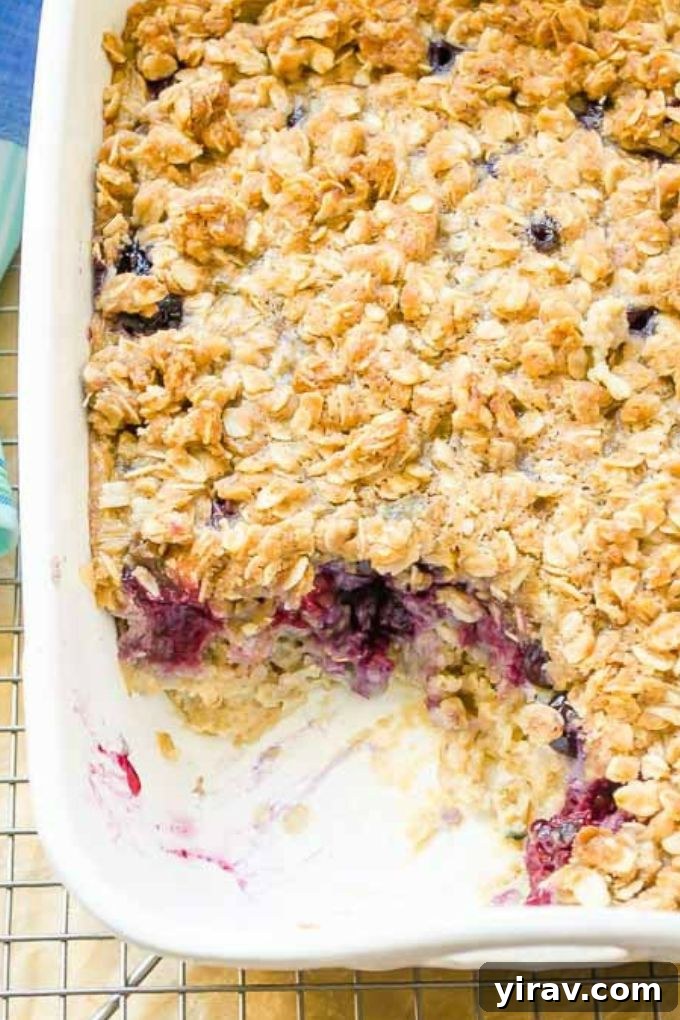 Delicious Blueberry Baked Oatmeal Close-up of baked blueberry oatmeal with streusel topping