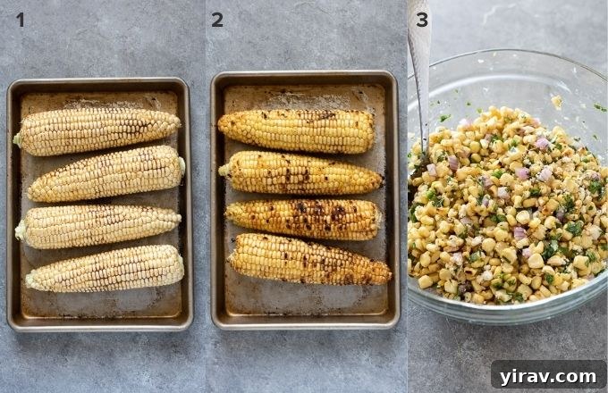 A step-by-step collage demonstrating how to prepare Mexican corn salad: rubbing corn with spices, grilling it, and cutting kernels off the cob into a bowl