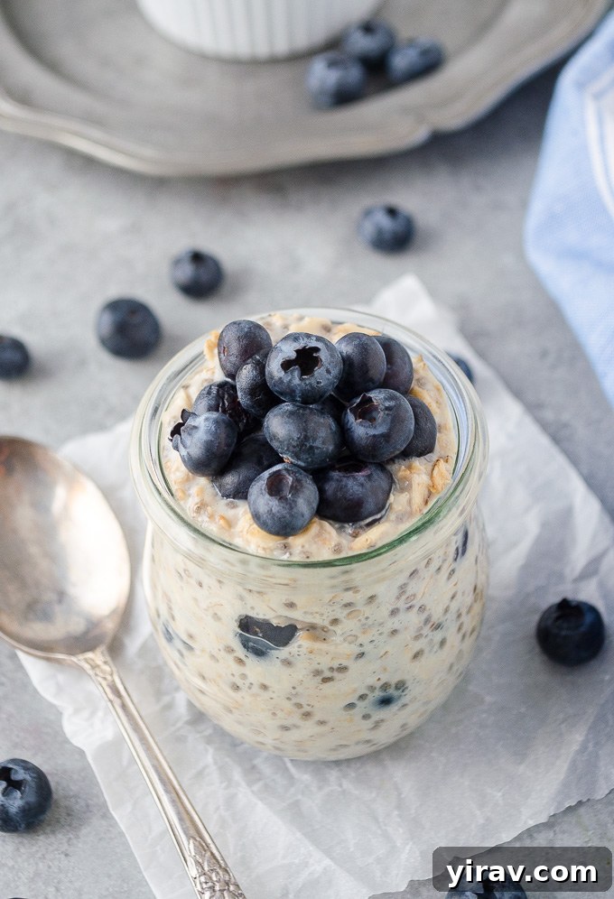 Overnight oats with blueberries in a jar