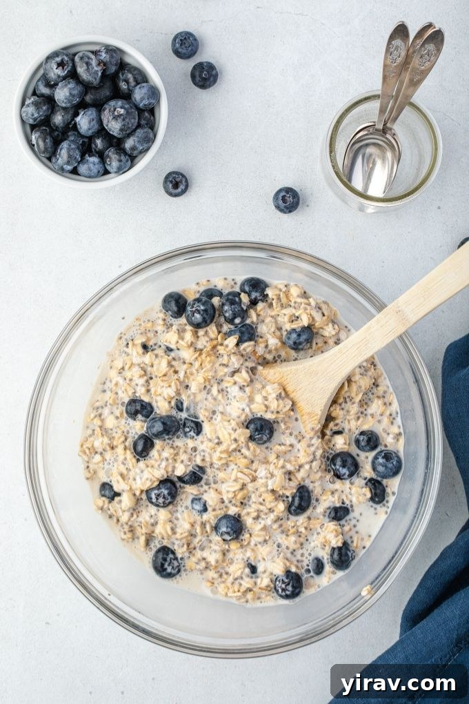 Blueberry overnight oats in a mixing bowl