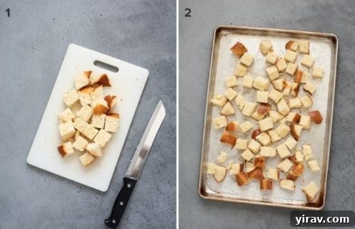Bread cubes before and after toasting for french toast casserole