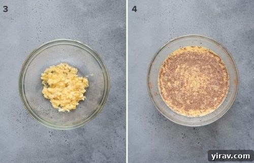 Mashed banana and french toast casserole milk mixture collage