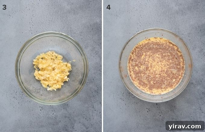 Mashed banana and french toast casserole milk mixture collage