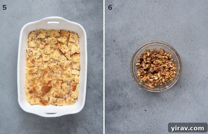 Overnight french toast casserole before and soaking and streusel collage