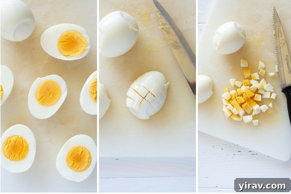 Collage showing step-by-step how to cut hard-boiled eggs for egg salad using a knife