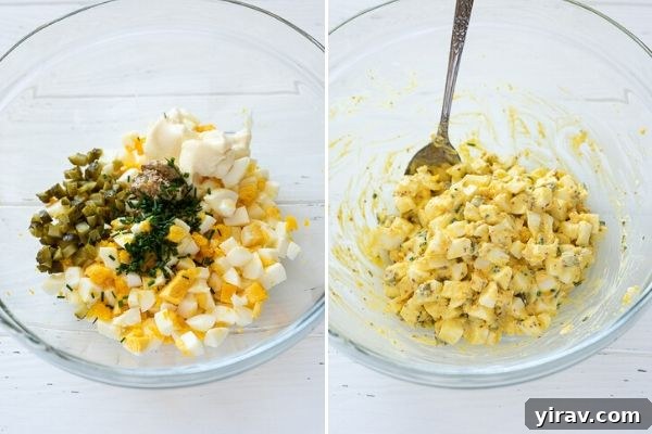 Collage showing egg salad ingredients before and after mixing in a bowl