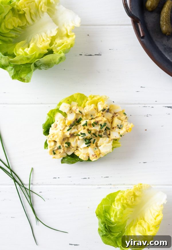 Overhead shot of a delicious egg salad lettuce wrap with fresh chives, a healthy and low-carb option