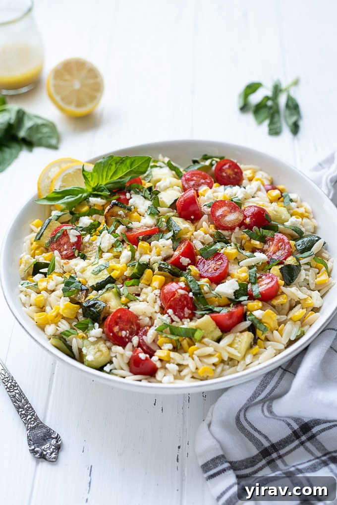 Bright Lemon Orzo Salad 3 Orzo pasta salad in a bowl with linen alongside