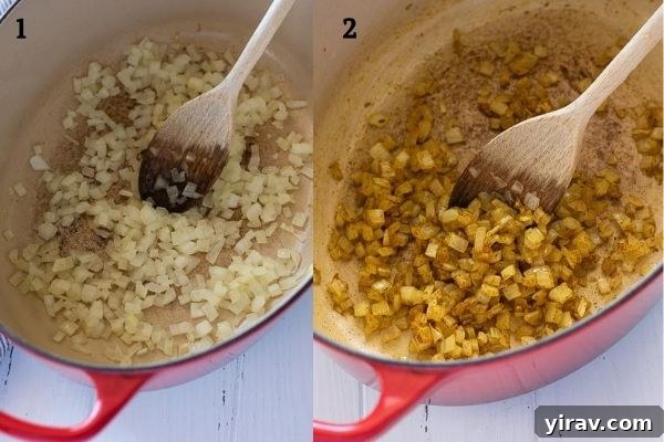 A two-panel collage showing the initial steps of making summer squash soup: on the left, chopped onions are sautéing in a pot; on the right, garlic and curry powder are added to the softened onions.