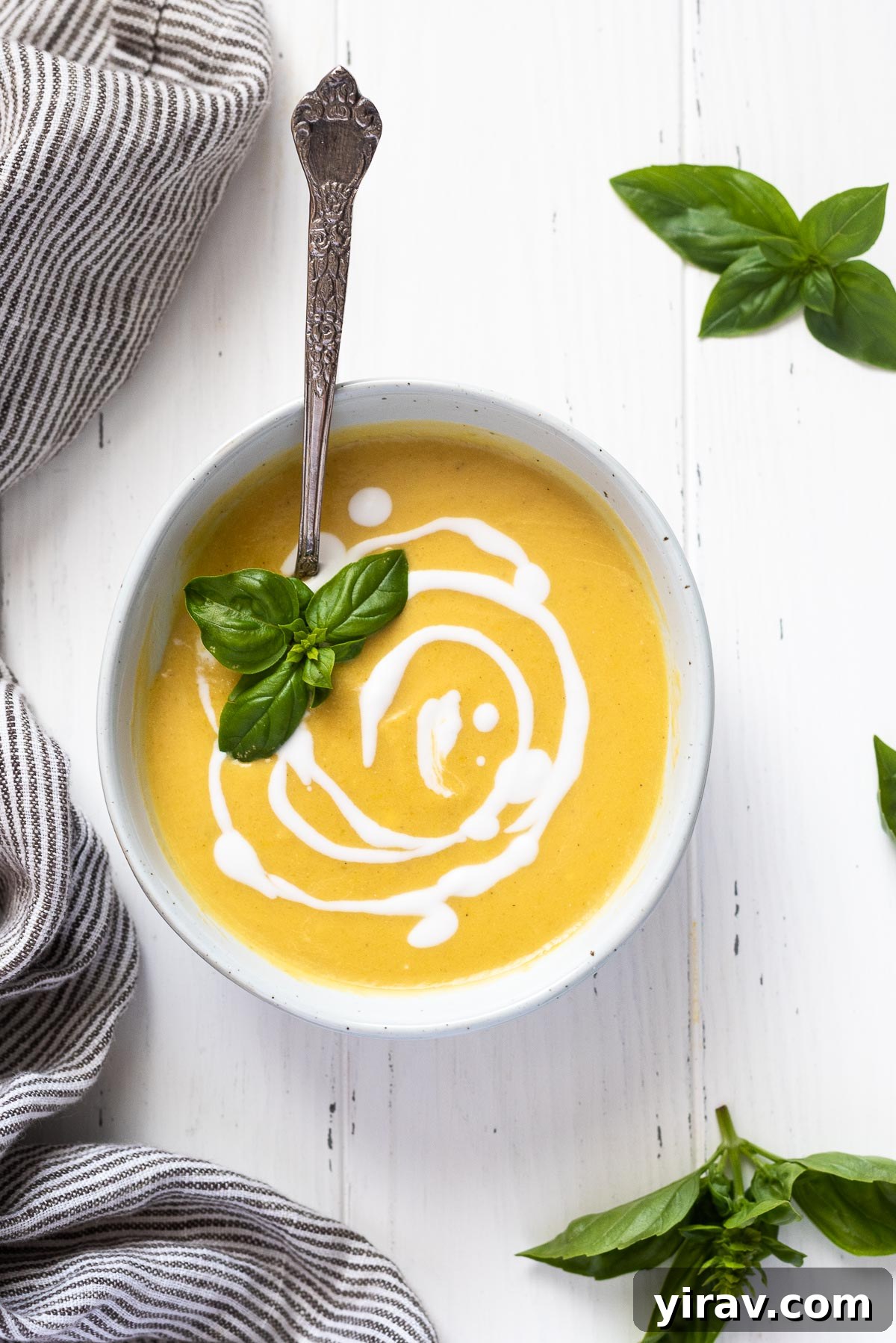 A pristine white bowl filled with creamy summer squash soup, garnished with a artful swirl of coconut milk and vibrant green basil leaves, set against a rustic background.