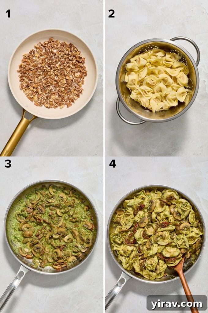 A step-by-step visual of the cooking process: toasting walnuts, cooking tortellini, and sautéing mushrooms in a skillet.