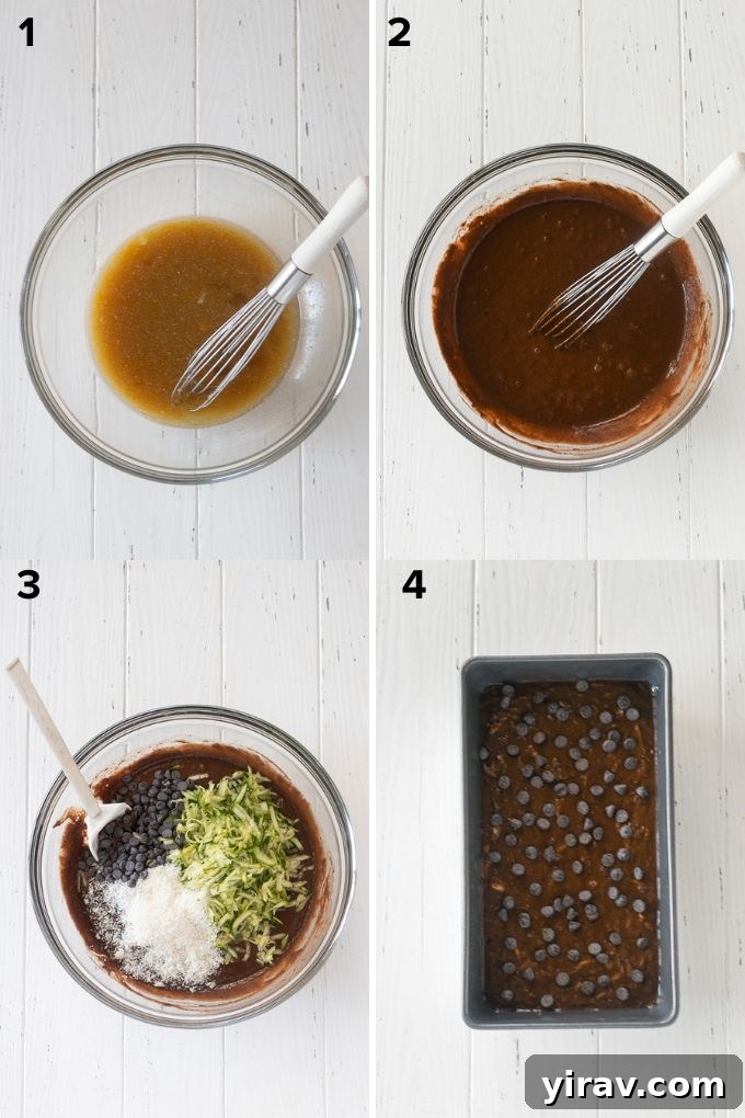 Decadent Double Chocolate Zucchini Loaf 5 Step-by-step image demonstrating the mixing of ingredients for chocolate zucchini bread batter.