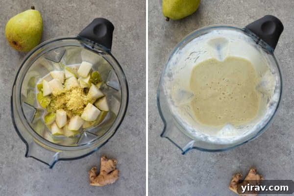 A visual collage showing the ingredients for pear ginger smoothie before blending and the smooth, finished smoothie after blending, illustrating the transformation.