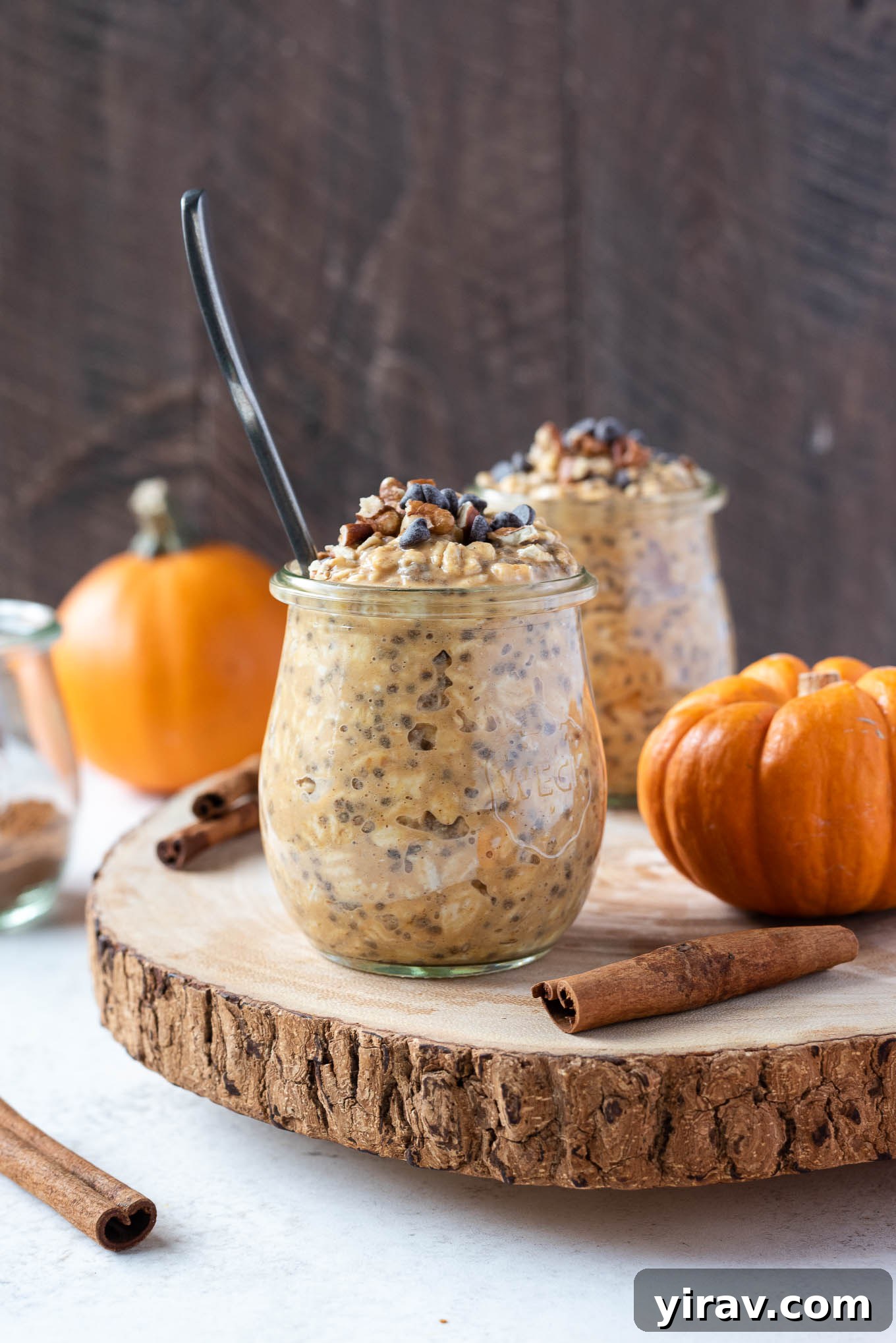Pumpkin overnight oats in jars, ready for breakfast