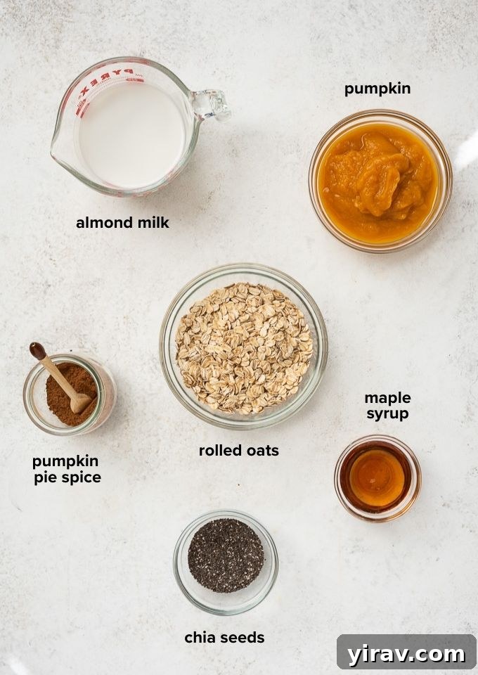 Pumpkin overnight oats ingredients arranged on a surface