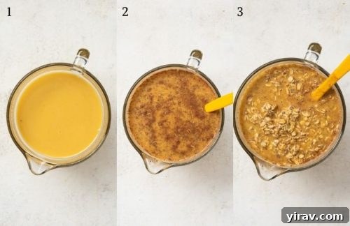 Pumpkin overnight oats process collage showing the final mixed ingredients
