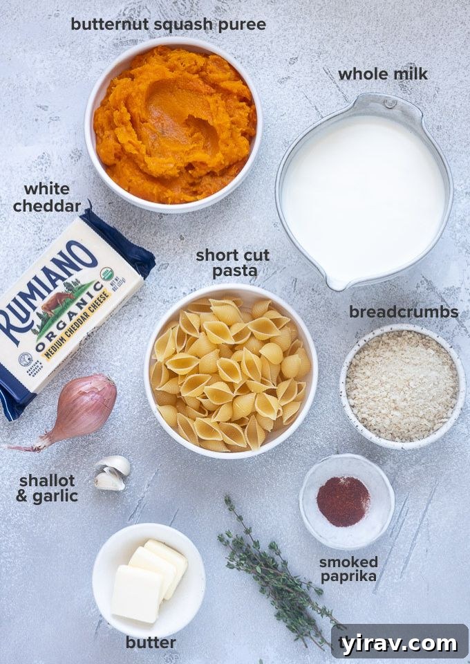 Golden Butternut Macaroni 4 Butternut squash mac and cheese recipe ingredients including squash, pasta, milk, butter, and cheese.